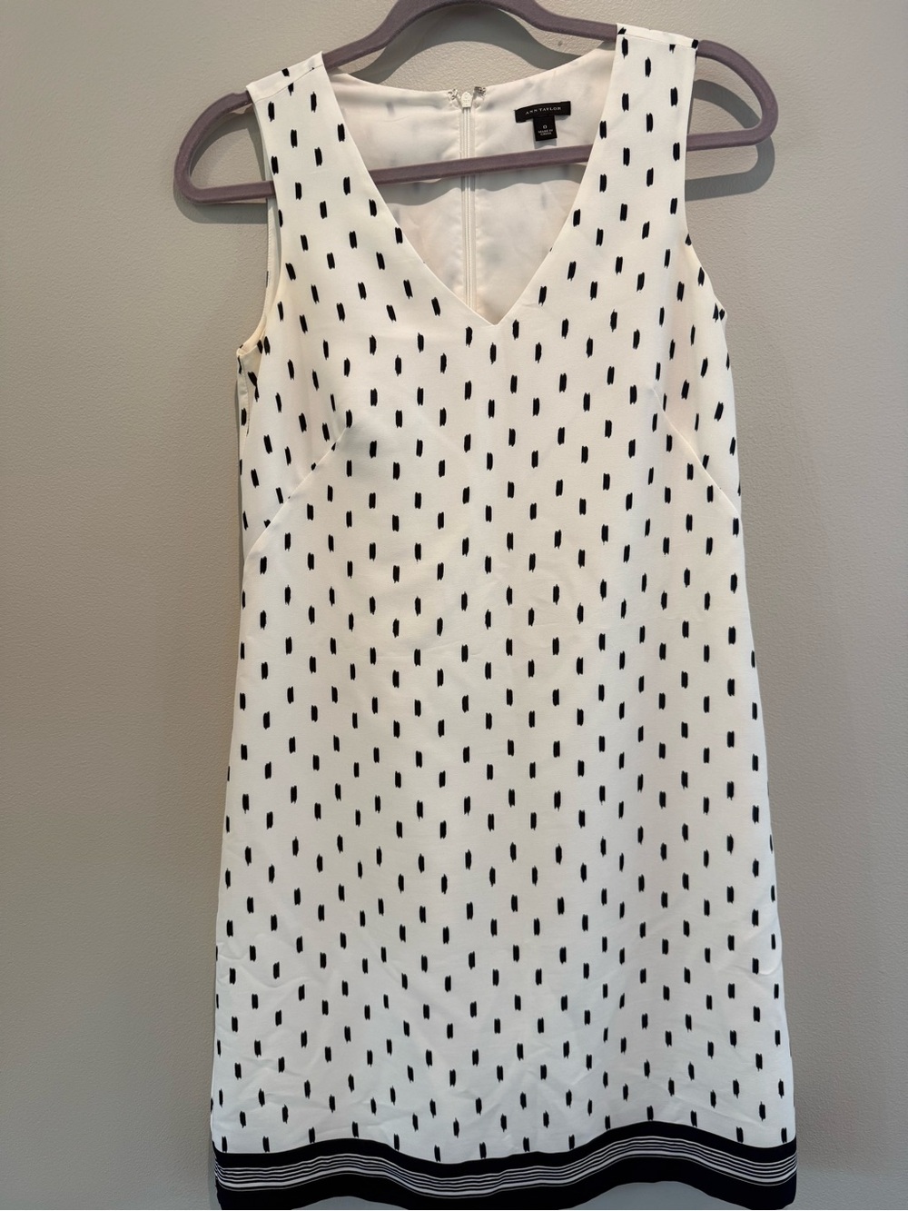 Ann Taylor White V-Neck Mini Dress with Black Dot Pattern
